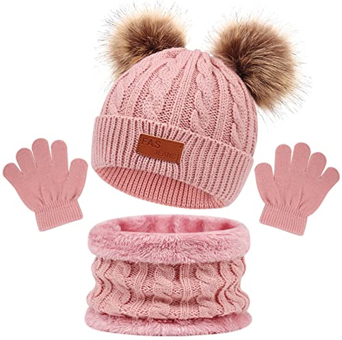 Enwokran Kids Winter Warm Beanie Hat Scarf Gloves Set 3 in1,3pcs Thermal Knit Crochet Thick Fluffy Cap Pom Bobble Hat Neck Warmer Gloves Setfor Girls Boys Children Aged 2-6 (Pink)