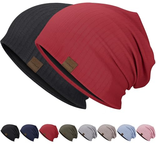 HAMUNI Slouchy mössa för män kvinnor mjuk lätt kemo huvudbonader, Svart+vinröd, one size