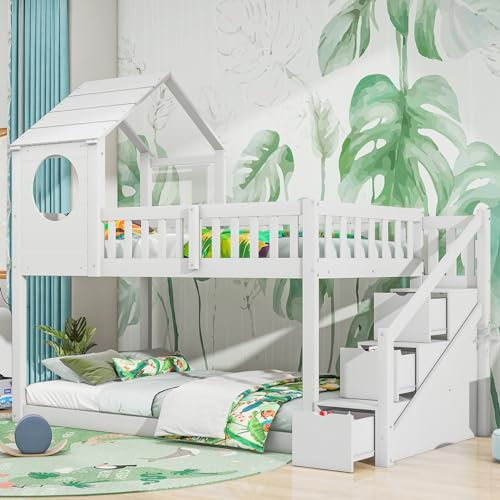 Merax Bunk Bed, Wooden Bunk Beds for Kids with Ladder and Storage Space, Children's Bunk Bed Frame, Wood House Loft Bed, Cabin Bed Frame, House Bed for Kids, Teenagers (White, 190x90cm)