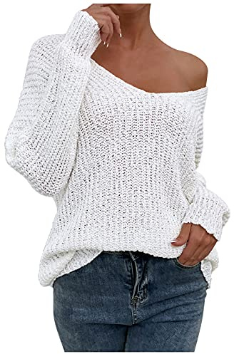 BOTCAM Pull en tricot pour femme - Manches longues - Épaules dénudées - Pull ample - Haut sexy - Col en V - Tricot élégant - Couleur unie - Pull décontracté pour l'automne et l'hiver, Blanc., S