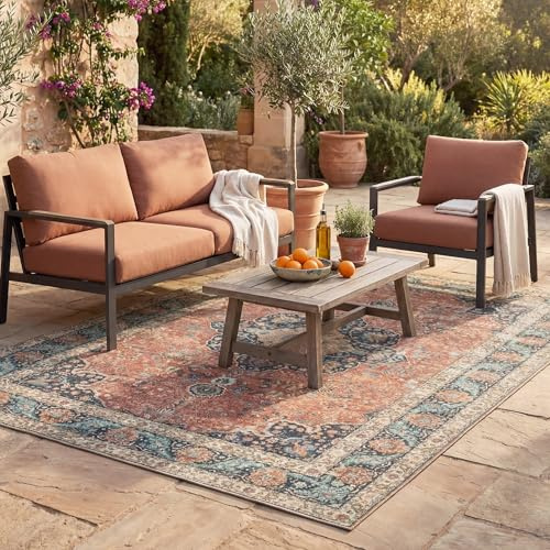 In- & Outdoor Vintage Teppich - Kairo Medaillon Terra Dunkelblau - Wetterfest - Polyester - 120x170 cm - Wohnzimmer, Esszimmer, Balkon, Garten / Terrasse - Terrasse teppich - Outdoor rug