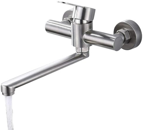 Wasserhahn Wandmontage, Drehbare Edelstahl Wasserhahn Küche Wandarmatur, Kalt und Heiß Einhebelmischer Küchenarmatur Wandmontage, 28cm 360°Schwenkarm, Gebürstet,Silber