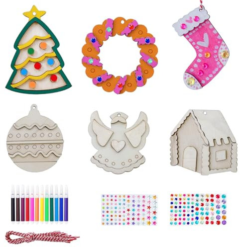 Pextian 12 Stück Hölzerne Weihnachtsbaumdekoration, 6 Stile Unbehandeltes Holz, baumschmuck weihnachten für Kinder, Christbaumschmuck Holz Hänger