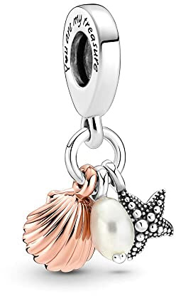 Wedanor Charmes Perles de culture d'eau douce Starfish & Shell triple Hang pour Bracelets - Charms de Perles ajourées en Argent Sterling 925, charmes de Coeur d'amour pour Bracelets pour Femmes