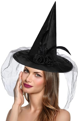 AYSOW Hexenhut,Halloween Hexen hut,Schwarz hexenhüte Kostüm Zubehör,Hut für das Halloween Kostüm,Cosplay Kopfbedeckung mit Federn für Halloween-Themenpartys Maskeradepartys,für Erwachsene, Kinder (1)