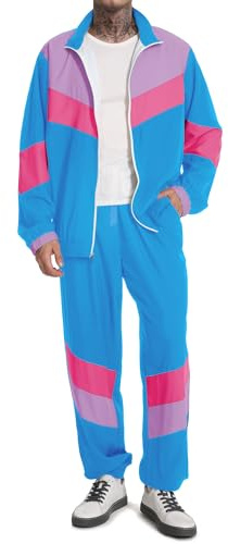 UOUA 80s Outfit for Men 90s Tracksuit Costume for Halloween 70s Windbreaker Jacket Track Suit 2 Piece Hip Hop Set Blue 2XL