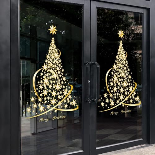 Weihnachtsbaum-Fensteraufkleber,Fensterbilder Weihnachten,Selbstklebend Christmas Window Stickers,Wiederverwendbar Weihnachten Fenster Clings,Goldener Fensteraufkleber (2 pcs)