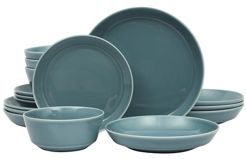 Gibson Home Summer Shades 16 Piece Plates and Bowls Dishes Service for 4 Porcelain Dinnerware Set - Blue