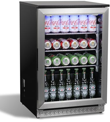 ChillFoce 20 Inch Under Counter Beverage Fridge with Glass Door, Beverage Refrigerator Cooler 120 Can,Built in or Freestanding,Fast Cooling,Quiet ≤39 dBs,Blue LED Light Cooler for Bar, Home, Office