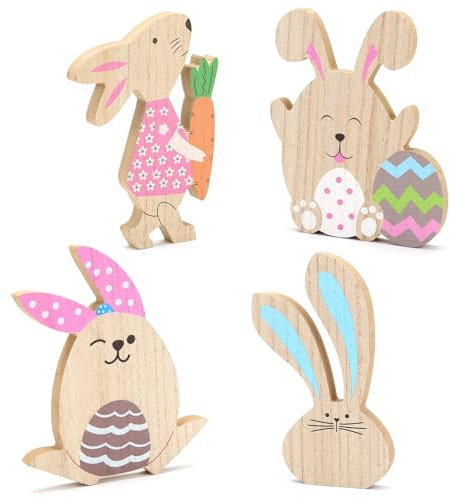 LIHAO Coniglietto Pasquale in Legno, 4 Pezzi Pasqua Decorazioni, Ornamenti di Pasqua per Tabelle Finestre Feste
