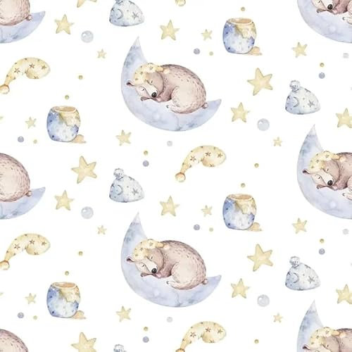 Kindertapete, Teddy-Muster auf Mond, Sterne, Pastell Farben, Weiß