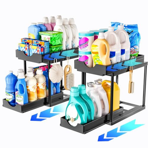 SavvyStor 2 Pack Under Sink Storage - 2 Tier Pull Out Cabinet Organiser, Under Sink Bathroom Cabinet, Cupboard Organiser with Hooks, Kitchen Storage & Organisation, Black