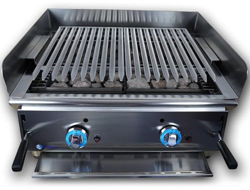 MBH - Barbacoa de piedra volcánica a gas profesional LUX WORLDMAI de 70 cm para hostelería. Barbacoa industrial INOX de sobremesa para bar y restaurante.