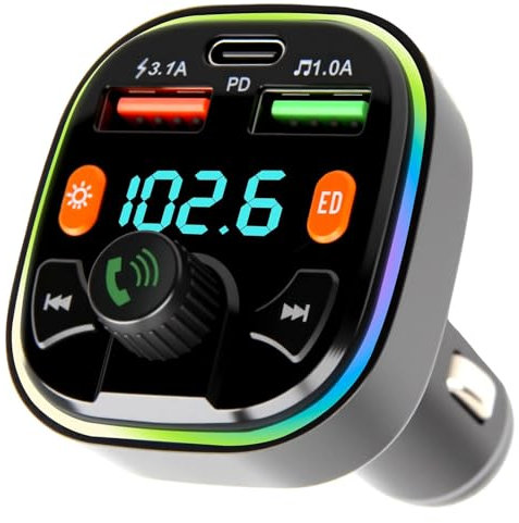 Transmetteur FM Bluetooth Voiture, Bluetooth Lecteur MP3 Adaptateur Radio sans Fil Kit Émetteur FM Voiture Chargeur, Type-C PD 20W & QC 3.0 Chargeur Rapide de Voiture Appels Mains Libres MP3 Support