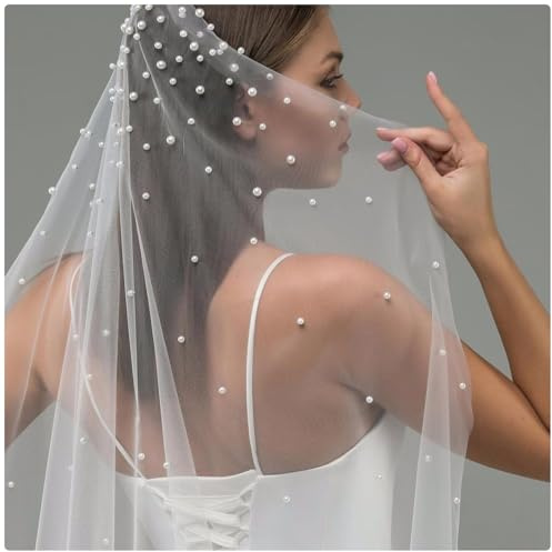 BLUEZY Einschicht Perle Perl Perlen Brautschleier Mit Metallkamm, Schleier Braut Hochzeit Schleier Eleganter Weicher Tüll Weiße Schleier Für Brauthochzeitszubehör Veil Für Braut White,L300CM*W150CM
