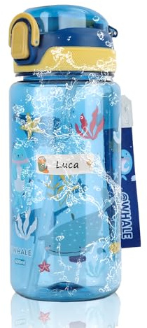 Sigdio Gourde Enfants Paille 10 Étiquettes Prénom Gourde pour Enfant Garçons et Filles Anti-Fuite 600ml sans BPA Bouteille d'eau Enfant pour Maison, École (Bleu, 10 Étiquettes)