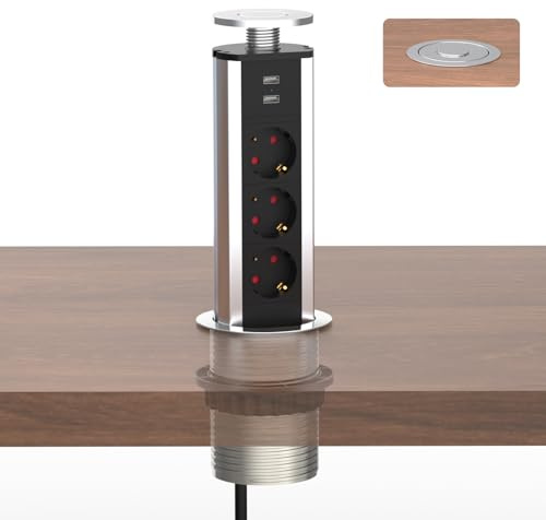 Meisax Prise Escamotable Plan de Travail avec 3 Prises 2 USB Diamètre 80mm Câble 1,8m, Multiprise Encastrable Bloc pour Cuisine Bureau Chambres Salon（chromé）