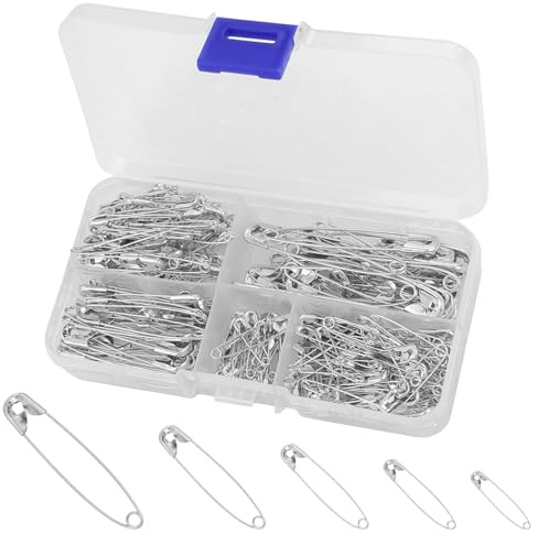 260 Pezzi Spille balia con scatola 19/28/32/45/55 mm, Resistente ruggine aghi in metallo Argento,Cucito in acciaio Nichelato, Set Spilli Sicurezza,per vestiti, cucito