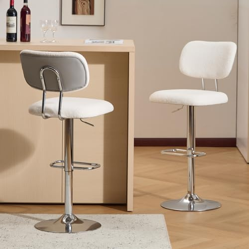 Ckaff Lot de 2 Tabourets de Bar, Tabourets Bar Réglables en Hauteur, Chaise de Bar Chaise Haute Bar, Tabouret Ilot Central Cuisine avec Dossier et Repose-Pieds pour Cuisine, Bar, Bouclé, Gris