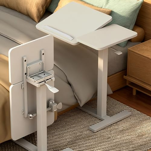 Betttisch mit neigbarer & drehbarer Platte, Mobiler Stehpult, mit 4 versteckten Rollen, Krankentisch, Beistelltisch für Kranken- und Pflegebetten(White)