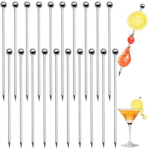 BaZuyunMd 20 Stücke Cocktailspieße Edelstahl,Wiederverwendbare Cocktail Spieße,Geeignet für Fingerfood, Snacks, Obst, Cocktails usw