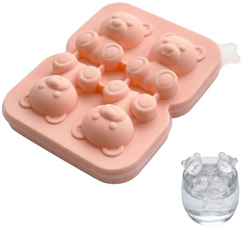 Cubitera para Hielo de Silicona con Forma de Oso, Molde para 4 Cubitos de Hielo Grandes y Reutilizables, Ideal para Whisky, Cócteles y Bebidas, Libre de BPA, Color Rosa, 11x15cm