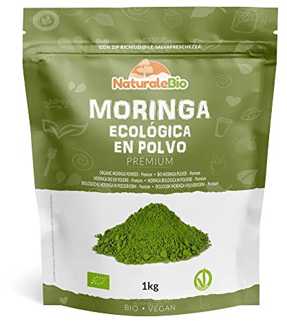NaturaleBio Organic Moringa Powder - Premium Quality - 1kg. Bio, Natural and Pure. Leaves Picked from The Moringa Oleifera Plant for Tiredness, Immune System, Muscle Function, Fatigue
