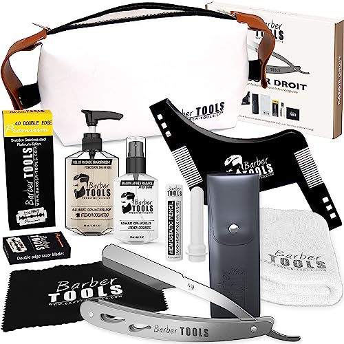 ✮ BARBER TOOLS ✮ Kit de afeitado - Navaja de afeitar + 40 cuchillas de doble hoja + Peine guía para afeitar + Gel afeitado transparente + Bálsamo para después del afeitado + piedra de alumbre + Bolsa