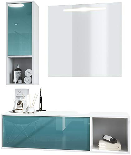 Vladon Set di mobili da Bagno Mobile Contenitore La Costa, Struttura in Bianco Opaco/Frontali in Petrolio con Specchio LED
