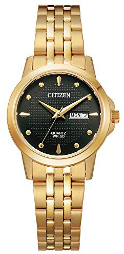 Citizen Quartz Womens Watch, Black Dial, Stainless Steel, Classic, Gold