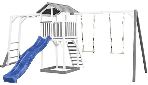 AXI Beach Tower Wooden Play Tower in Grey and White | Play tower with sandpit, climbing frame, Double Swing Set and blue slide | Play house on stilts for the garden