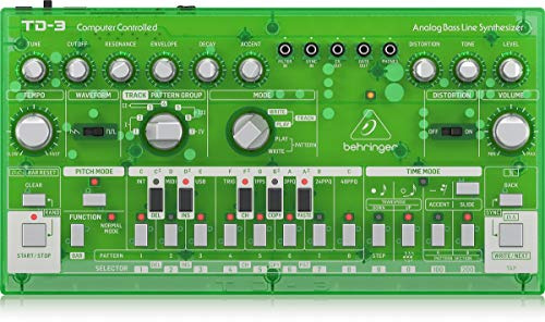 Behringer TD-3-LM Sintetizador de línea de graves analógico con VCO, VCF, secuenciador de 16 pasos, efectos de distorsión y cadena de polietileno de 16 voz, compatible con PC y Mac
