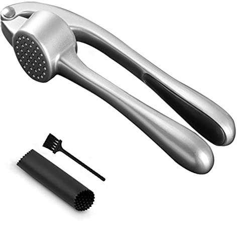 Auyeetek Knoblauchpresse Edelstahl Spülmaschinenfest Garlic Crusher Knoblauchpresse Mit Knoblauchschäler und Reinigungspinsel-Set Profi-Qualität leicht zu reinigen