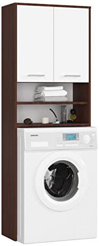 AKORD | Armadio Pensile per Lavatrice | Armadio di trasformazione con 2 ante, 2 Ripiani Aperti | Archivio per bagno | Cassettiera per lavatrice | 64x180x30 cm | Peso 30 kg | Wengé/Bianco