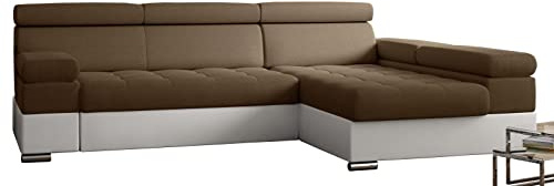 Ecksofa Paolo mit Schlaffunktion, Eckcouch mit Bettkasten, L-Form Ecksofa, L-Form Sofa, Ottomane Rechts, 260 cm x 162 cm (Braun Inari 24 + Creme Kunstleder (EKO))