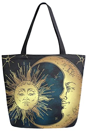 Anantty Sonne Sterne Mond Gesicht Canvas Tote Bag Damen Einkaufstasche Bag Tragetasche Wiederverwendbare Tasche Handtasche mit Innentasche für Shopper Reisetasche