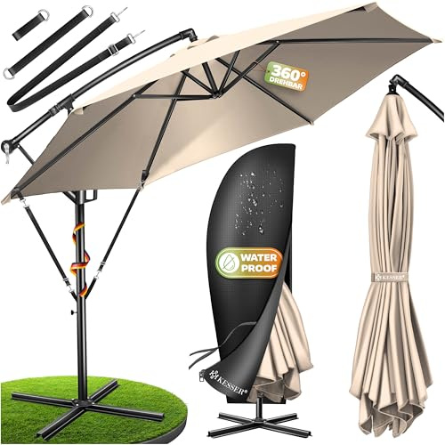KESSER® Sonnenschirm Ø 300 cm, Ampelschirm mit Kurbel, für Balkon, Terrasse & Garten, Sonnenschutz, Gestell & Ständer aus Alu, UV-Schutz, wasserdicht + Windfest, 360° Funktion + Schutzhülle, Taupe