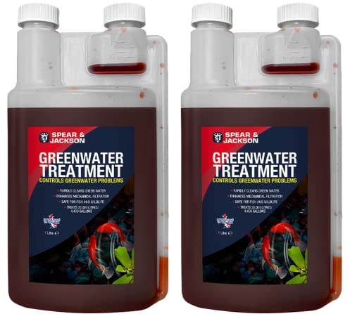 Spear & Jackson Greenwater Treatment 2 x 1L - Rapidly Clears Green Water Enhances Mechanical Filtration - Safe for Fish And Wildlife - Treats 20,000 Litres