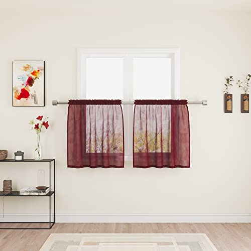 UPOPO Burgundy Red Sheer Tier Curtains 30 inches Long Voile Kitchen Tiers Linen Textured Cafe Curtains Bathroom Basement Short Small Curtain Panels for Door Half Window Curtains 2 Panels Rod Pocket