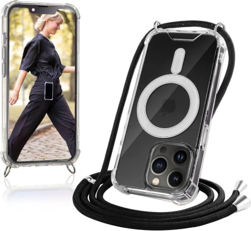 JProtect für iPhone 13 Pro Hülle mit Band und MagSafe – Magnetische Handykette für iPhone 13 Pro Magnet – Durchsichtige Umhängehülle Band Schwarz – Kette Handyhülle für MagSafe Zubehör