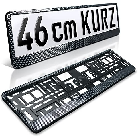 2 Kennzeichenhalter kurz | 46 cm Carbon Hochglanz | Für Kurze Kennzeichen | Nummernschildhalter | Kennzeichen-Halterung | Nummernschild-Halterung | Kennzeichen-Rahmen | Für Auto-Schilder 460 x 110 mm