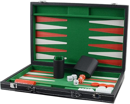 Backgammon Koffer 15 Klassisches Backgammon-Spiel Backgammon-Reise für Erwachsene und Kinder mit Schwarzem Leder außen und Grünem Innenfutter