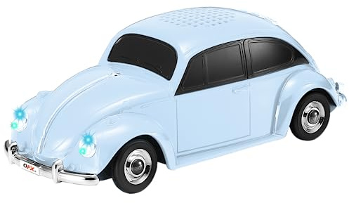 QFX Bluetooth 1960 Bug Retro Auto Replik Lautsprecher, 3 Zoll Lautsprecher, Freisprecheinrichtung, eingebautes Mikrofon, FM-Radio und LED-Partylichter, Blau - BT-1960-BLU