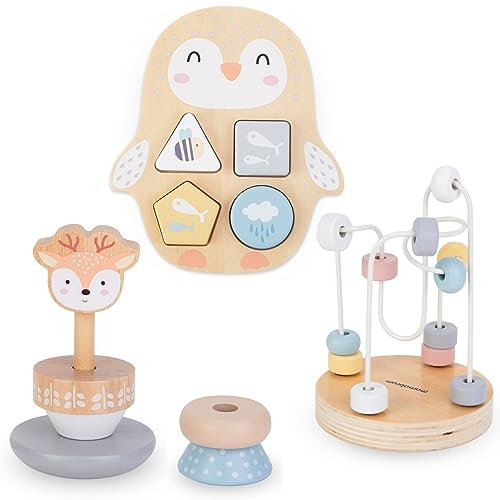 mamabrum Holzspielzeug-Set - Motorikschleife, Sortierbrett & Stapelspiel für Baby & Kleinkind ab 10 Monate - Montessori-Lernspielzeug zur Förderung der Motorik (6-teilig)