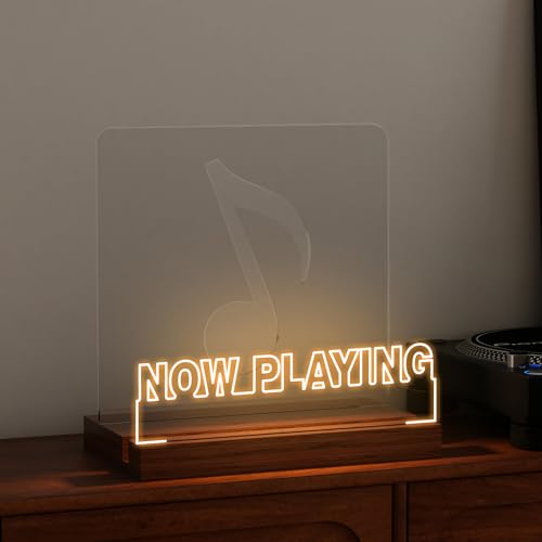 CoolGift Mart Now Playing Vinyl Stand, Light up Record Holder, Wooden Acrylic Display with Warm White Lights for Albums, Room Decor, Gift for Vinyl Lovers