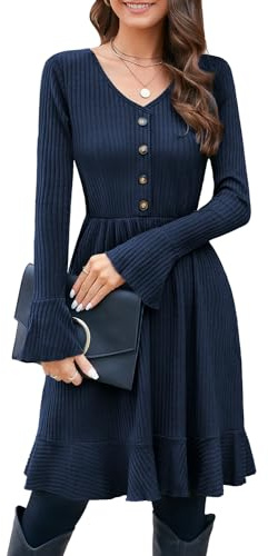 ULTRANICE Robe tricotée Robe d'automne pour Femme Robe d'hiver Robe Pull à col en V avec Bouton décoratif Robes d'automne et d'hiver