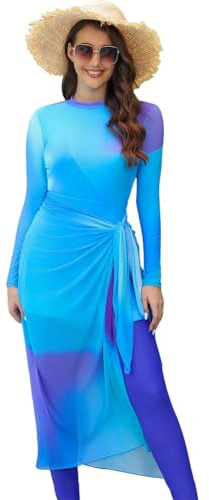 Odizli Burkini Damen Muslim Tie Dye Druck Langarm Body+Badehose+Wickelrock Sarong Badeanzug Modest Bademode
