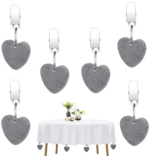 Forhome 6 Stück Tischdeckenbeschwerer Herz, Tischdeckenhalter aus Naturstein mit Clips, Grau Herzmuster Tischdeckenbeschwerer Set für Familie Draußen Party, Camping, Hochzeit, Garten, Picknick