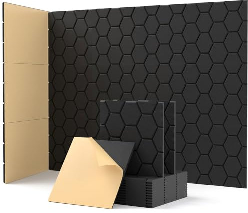 Soundsbay Sound Proofing Panels Self-Adhesive, 12 Pack Acoustic Wall Panels, High Density Honeycomb Acoustic Panels for Door, Ceiling, Recording Studios, Home Office 30 x 30 x 0.9cm Black