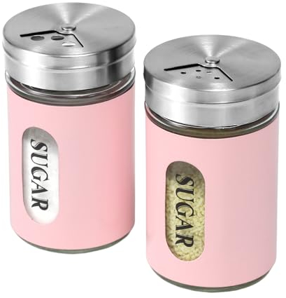 Juego de 2 espolvoreadores de azúcar de acero inoxidable y cristal, con agujeros ajustables para verter canela (rosa)